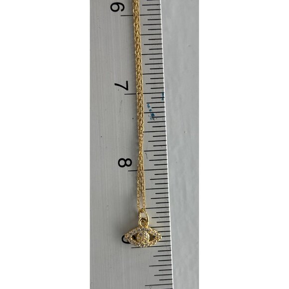 Gold Evil Eye Pendant Necklace With Rhinestone Accents On Thin Chain Adjustable - Picture 3 of 5